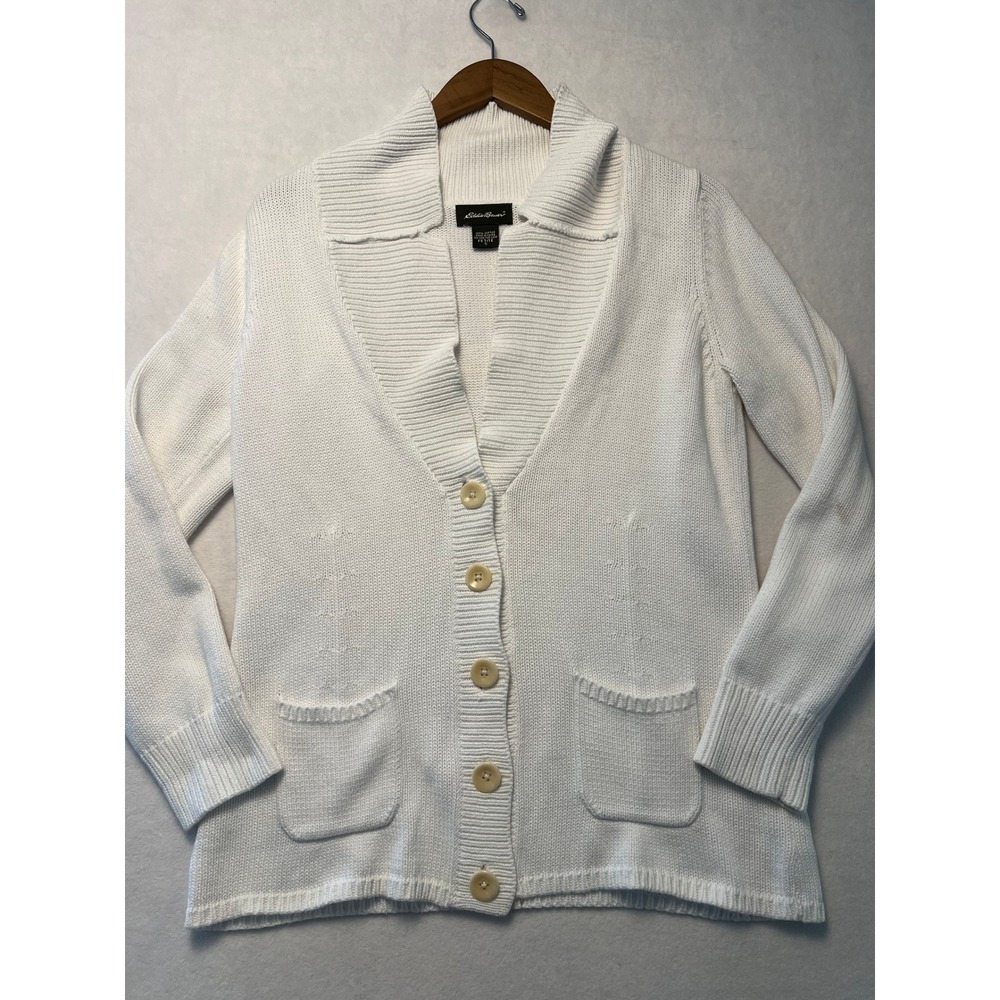Eddie Bauer Petite S Cardigan Sweater Coastal Preppy White Cotton Shawl Collar